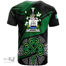 ScotsTee Shop Irish Myers Coat of Arms Irish T Shirt Irish Celtic Cross & Shamrock