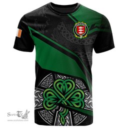 ScotsTee Shop Irish House of ROCHE Coat of Arms Irish T Shirt Irish Celtic Cross & Shamrock