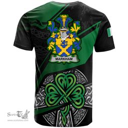ScotsTee Shop Irish Markham Coat of Arms Irish T Shirt Irish Celtic Cross & Shamrock