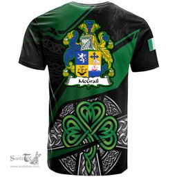 ScotsTee Shop Irish McGrail Coat of Arms Irish T Shirt Irish Celtic Cross & Shamrock