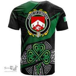 ScotsTee Shop Irish House of O MEEHAN Coat of Arms Irish T Shirt Irish Celtic Cross & Shamrock