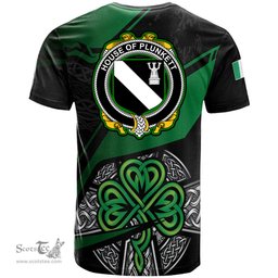 ScotsTee Shop Irish House of PLUNKETT Coat of Arms Irish T Shirt Irish Celtic Cross & Shamrock