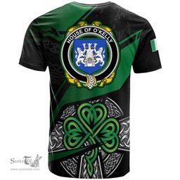 ScotsTee Shop Irish House of O KELLY Coat of Arms Irish T Shirt Irish Celtic Cross & Shamrock
