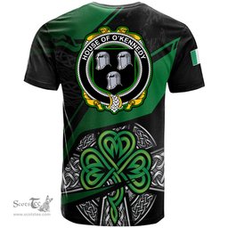 ScotsTee Shop Irish House of O KENNEDY Coat of Arms Irish T Shirt Irish Celtic Cross & Shamrock