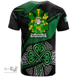 ScotsTee Shop Irish McConville Coat of Arms Irish T Shirt Irish Celtic Cross & Shamrock