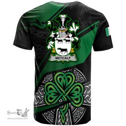 ScotsTee Shop Irish Metcalf or Metcalfe Coat of Arms Irish T Shirt Irish Celtic Cross & Shamrock