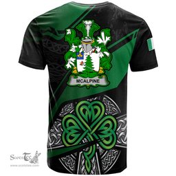 ScotsTee Shop Irish McAlpine or MacAlpin Coat of Arms Irish T Shirt Irish Celtic Cross & Shamrock