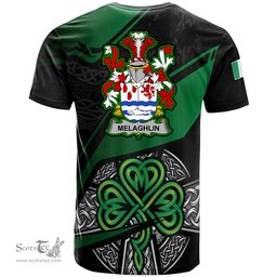 ScotsTee Shop Irish Melaghlin or O Melaghlin Coat of Arms Irish T Shirt Irish Celtic Cross & Shamrock