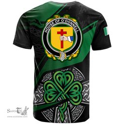 ScotsTee Shop Irish House of O DONNELL Coat of Arms Irish T Shirt Irish Celtic Cross & Shamrock