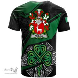 ScotsTee Shop Irish Kinealy or O Kinnally Coat of Arms Irish T Shirt Irish Celtic Cross & Shamrock