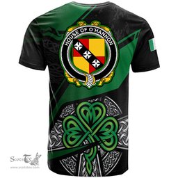 ScotsTee Shop Irish House of O HANNON Coat of Arms Irish T Shirt Irish Celtic Cross & Shamrock