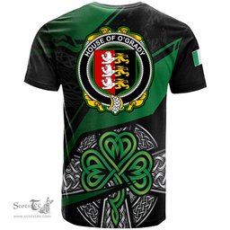 ScotsTee Shop Irish House of O GRADY Coat of Arms Irish T Shirt Irish Celtic Cross & Shamrock