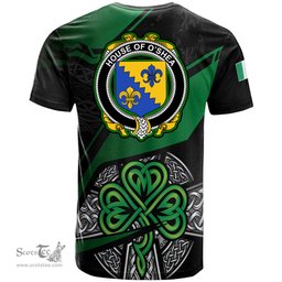 ScotsTee Shop Irish House of O SHEA Coat of Arms Irish T Shirt Irish Celtic Cross & Shamrock