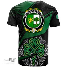ScotsTee Shop Irish House of O CONNOR Sligo Coat of Arms Irish T Shirt Irish Celtic Cross & Shamrock