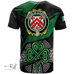 ScotsTee Shop Irish House of O GARVEY Coat of Arms Irish T Shirt Irish Celtic Cross & Shamrock