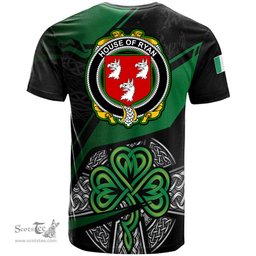 ScotsTee Shop Irish House of RYAN O Mulrian Coat of Arms Irish T Shirt Irish Celtic Cross & Shamrock