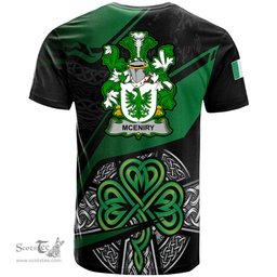 ScotsTee Shop Irish McEniry or McEnery Coat of Arms Irish T Shirt Irish Celtic Cross & Shamrock