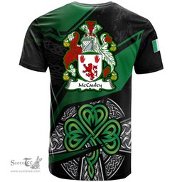ScotsTee Shop Irish McCauley Coat of Arms Irish T Shirt Irish Celtic Cross & Shamrock