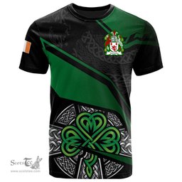 ScotsTee Shop Irish McCauley Coat of Arms Irish T Shirt Irish Celtic Cross & Shamrock
