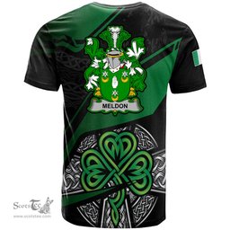 ScotsTee Shop Irish Meldon or Muldoon Coat of Arms Irish T Shirt Irish Celtic Cross & Shamrock