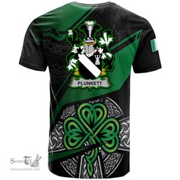 ScotsTee Shop Irish Plunkett Coat of Arms Irish T Shirt Irish Celtic Cross & Shamrock