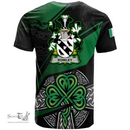 ScotsTee Shop Irish Rowley or O Rowley Coat of Arms Irish T Shirt Irish Celtic Cross & Shamrock