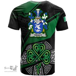 ScotsTee Shop Irish Treacy or Tracy Coat of Arms Irish T Shirt Irish Celtic Cross & Shamrock