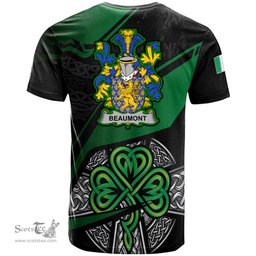 ScotsTee Shop Irish Beaumont Coat of Arms Irish T Shirt Irish Celtic Cross & Shamrock