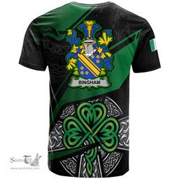 ScotsTee Shop Irish Bingham Coat of Arms Irish T Shirt Irish Celtic Cross & Shamrock