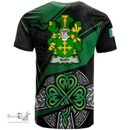 ScotsTee Shop Irish Bury or Berry Coat of Arms Irish T Shirt Irish Celtic Cross & Shamrock