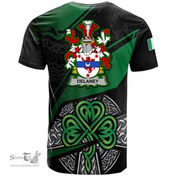 ScotsTee Shop Irish Delaney or O Delany Coat of Arms Irish T Shirt Irish Celtic Cross & Shamrock