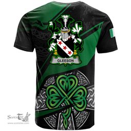 ScotsTee Shop Irish Gleeson or O Glissane Coat of Arms Irish T Shirt Irish Celtic Cross & Shamrock