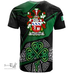 ScotsTee Shop Irish Halloran or O Halloran Coat of Arms Irish T Shirt Irish Celtic Cross & Shamrock