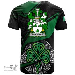 ScotsTee Shop Irish Fitz Allen Coat of Arms Irish T Shirt Irish Celtic Cross & Shamrock