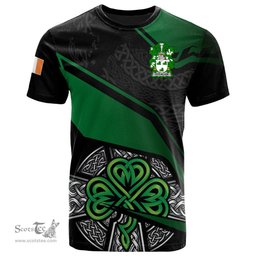 ScotsTee Shop Irish Fitz Allen Coat of Arms Irish T Shirt Irish Celtic Cross & Shamrock