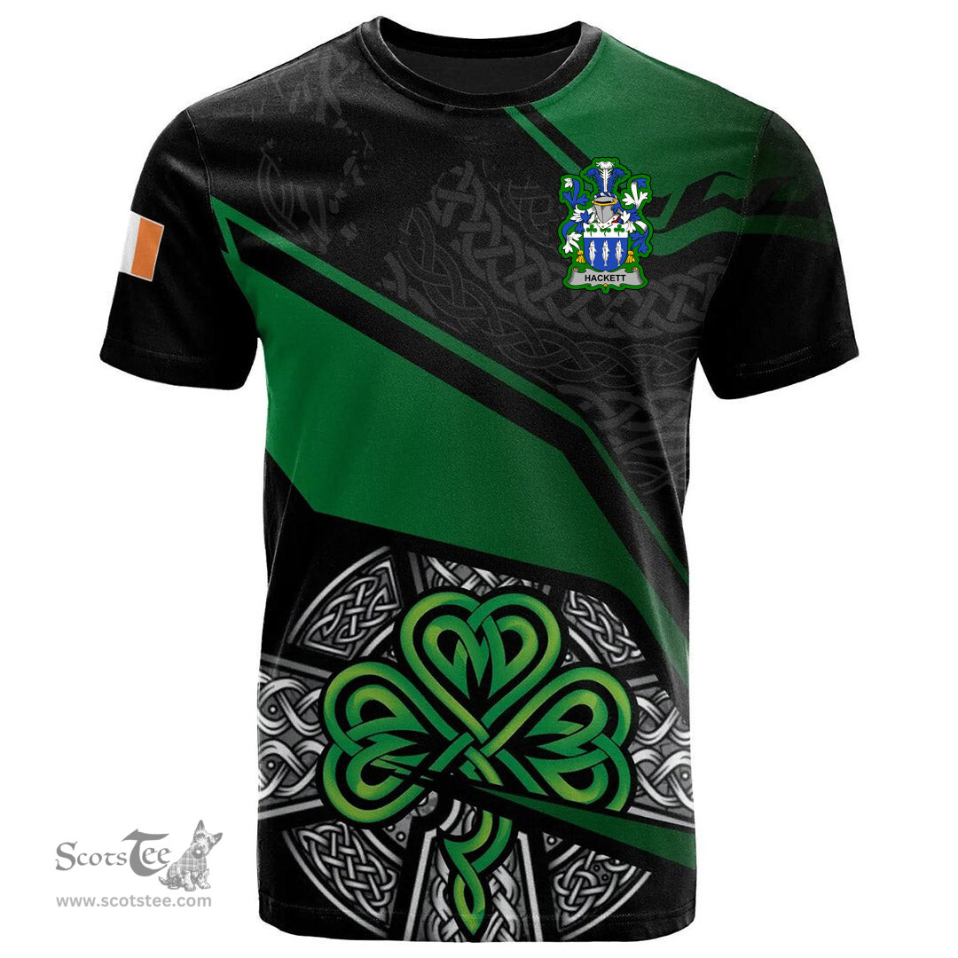 ScotsTee Shop Irish Hackett Coat of Arms Irish T Shirt Irish Celtic Cross & Shamrock