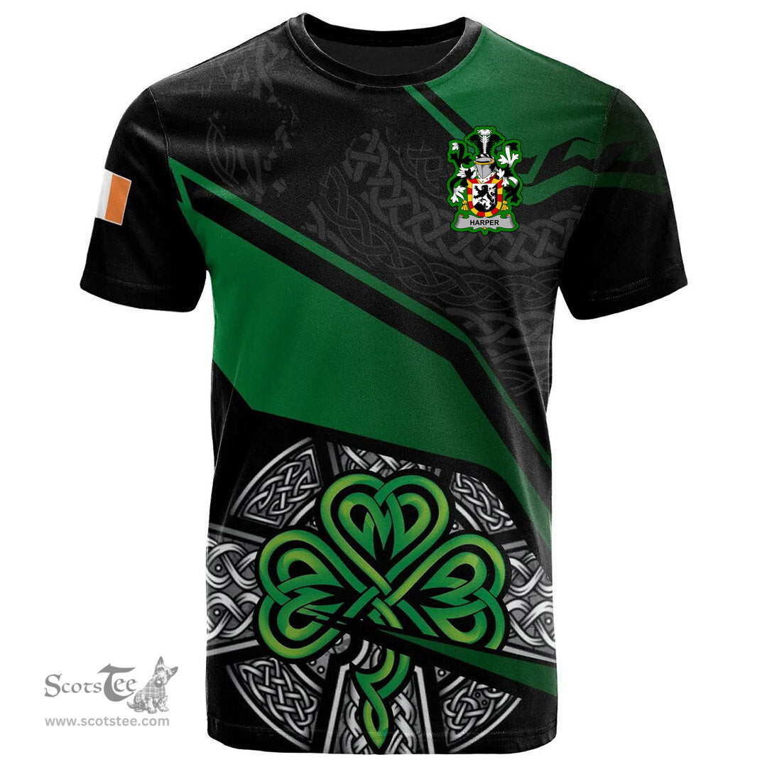 ScotsTee Shop Irish Harper Coat of Arms Irish T Shirt Irish Celtic Cross & Shamrock