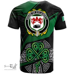 ScotsTee Shop Irish House of O FLAHERTY Coat of Arms Irish T Shirt Irish Celtic Cross & Shamrock