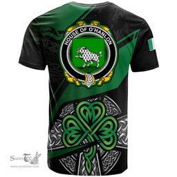 ScotsTee Shop Irish House of O HANLON Coat of Arms Irish T Shirt Irish Celtic Cross & Shamrock