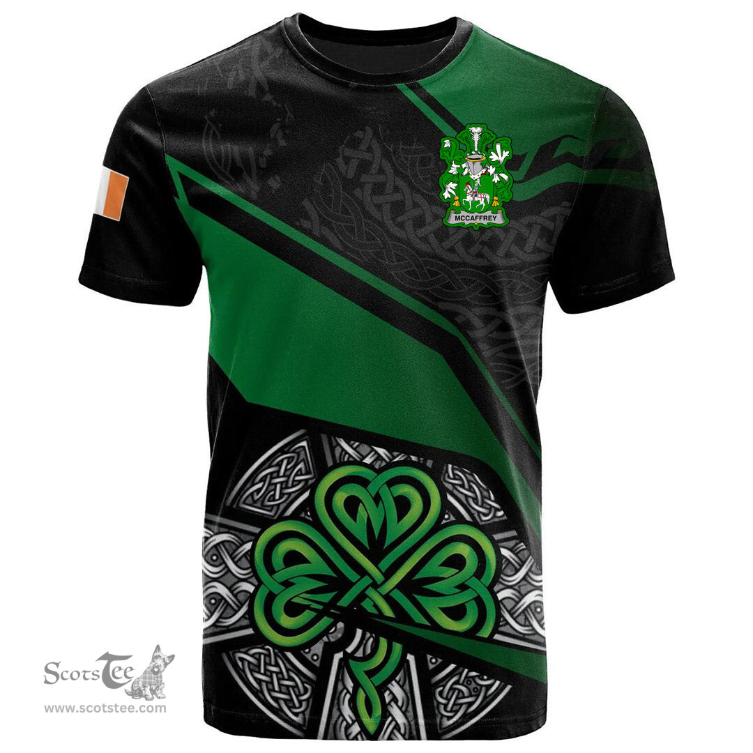 ScotsTee Shop Irish McCaffrey Coat of Arms Irish T Shirt Irish Celtic Cross & Shamrock