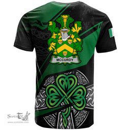 ScotsTee Shop Irish McCurdy or Curdy Coat of Arms Irish T Shirt Irish Celtic Cross & Shamrock