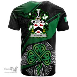 ScotsTee Shop Irish Lehane or O Lehane Coat of Arms Irish T Shirt Irish Celtic Cross & Shamrock