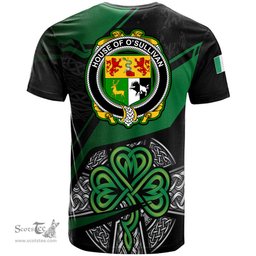 ScotsTee Shop Irish House of O SULLIVAN Coat of Arms Irish T Shirt Irish Celtic Cross & Shamrock