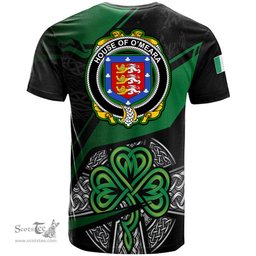 ScotsTee Shop Irish House of O MEARA Coat of Arms Irish T Shirt Irish Celtic Cross & Shamrock