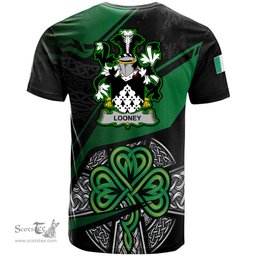 ScotsTee Shop Irish Looney or O Lunney Coat of Arms Irish T Shirt Irish Celtic Cross & Shamrock