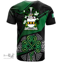 ScotsTee Shop Irish Parke Coat of Arms Irish T Shirt Irish Celtic Cross & Shamrock