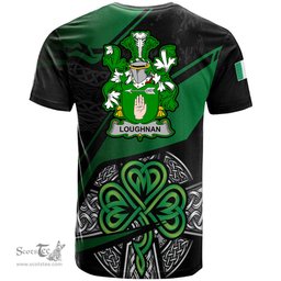 ScotsTee Shop Irish Loughnan or O Loughnan Coat of Arms Irish T Shirt Irish Celtic Cross & Shamrock