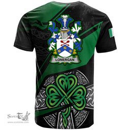 ScotsTee Shop Irish Lonergan or O Lonergan Coat of Arms Irish T Shirt Irish Celtic Cross & Shamrock