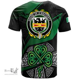 ScotsTee Shop Irish House of O RAFFERTY Coat of Arms Irish T Shirt Irish Celtic Cross & Shamrock