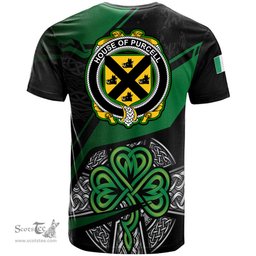 ScotsTee Shop Irish House of PURCELL Coat of Arms Irish T Shirt Irish Celtic Cross & Shamrock